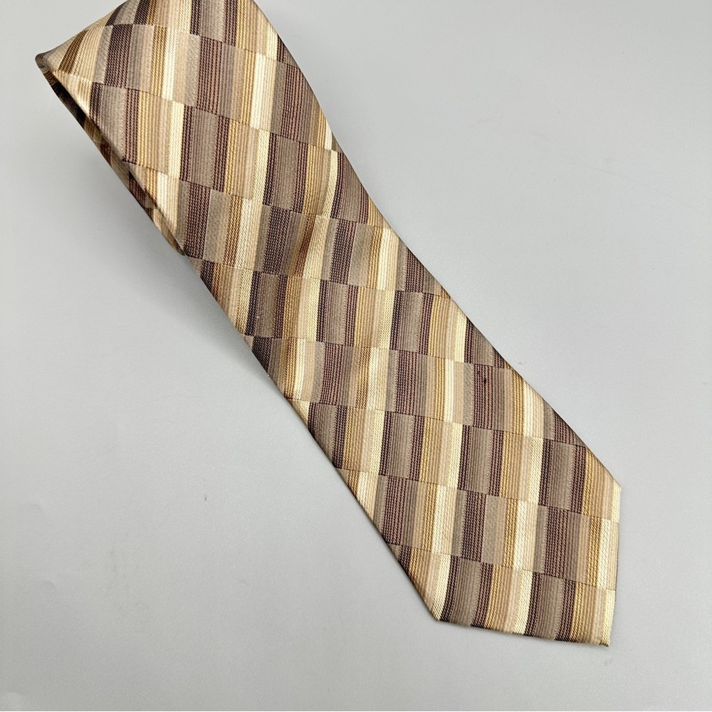 Kenneth Cole Reaction Silk Tie – Brown Gold Check Stripe Pattern